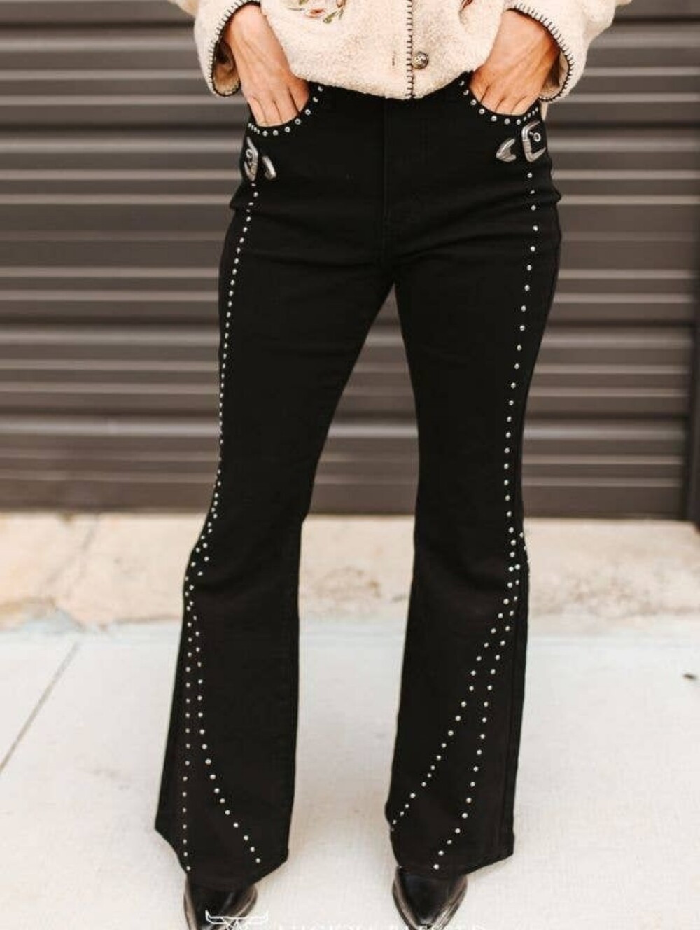 NEW Black Vintage Style Studded Front Side Buckle Denim Jean Pants